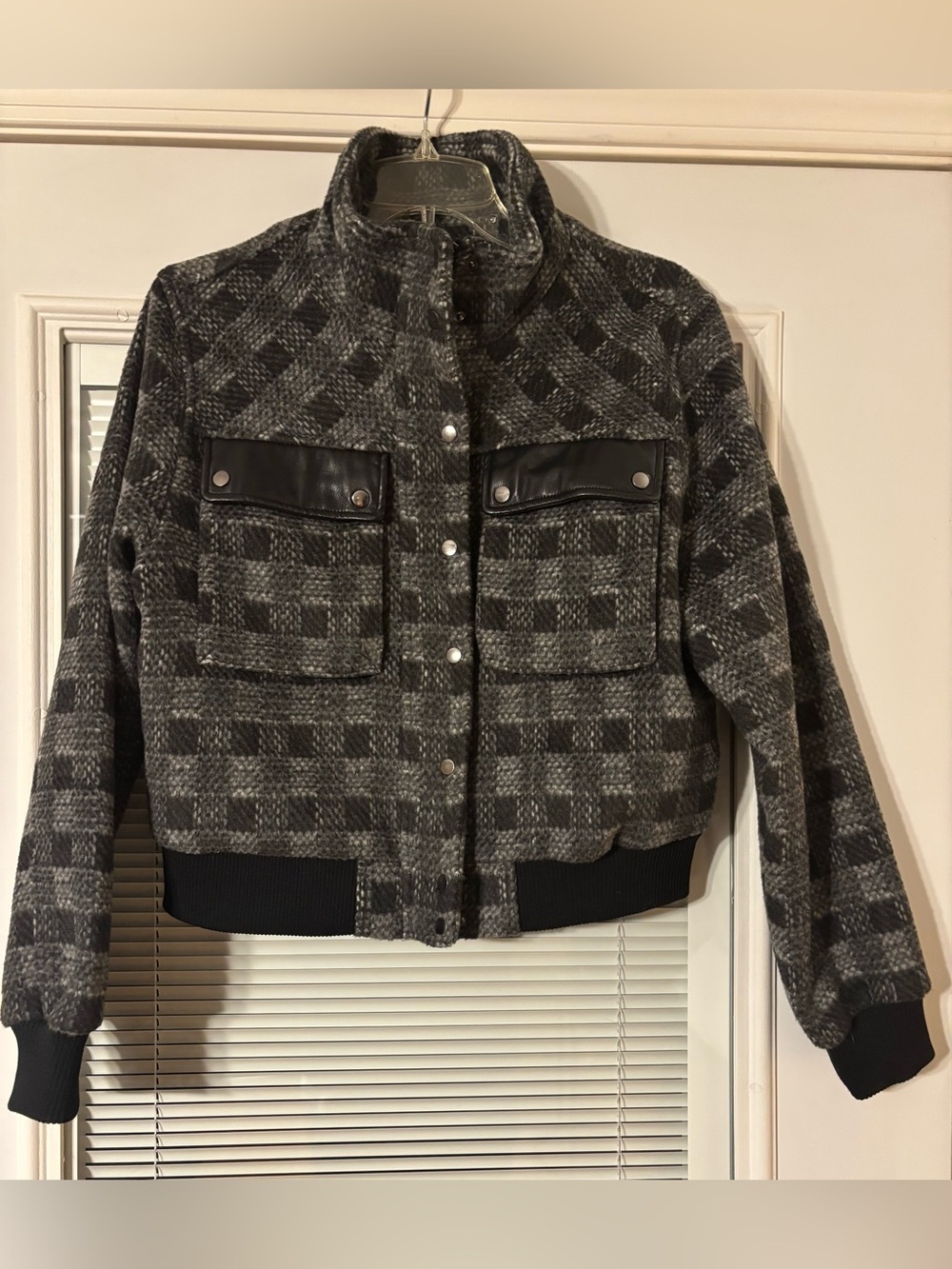 bagatelle Gray Plaid Bomber Jacket with Black Trim
